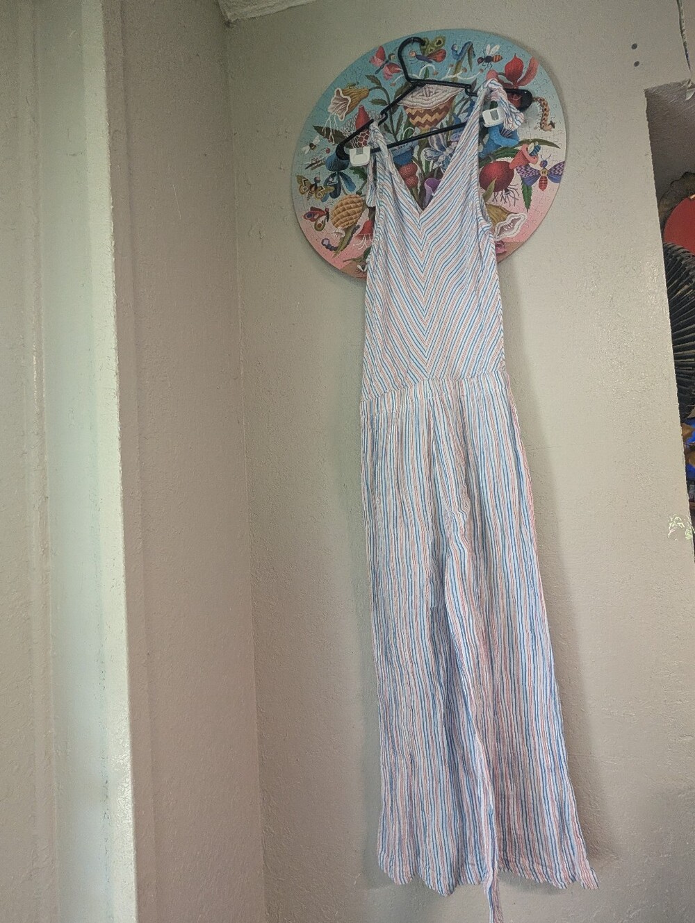 Striped V Neck Jumpsuit Pant Suit S Pink Blue Wide Leg Elevated Basic Capsule